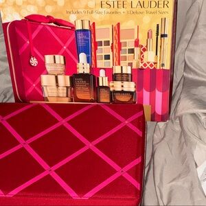 BNWT Estée Lauder Red Cosmetic Case with Pink Lattice Trim and Assorted Gift Set